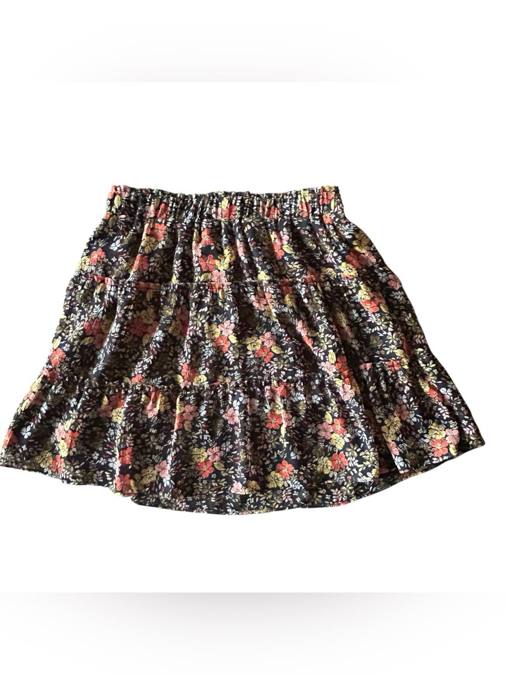 LOFT Floral Tiered Mini Skirt Women’s Small Black Pink Boho Lined Pull On‎